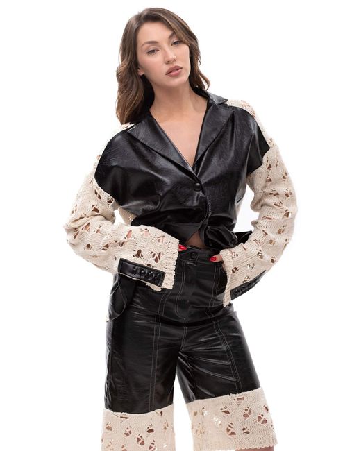 Maison Bogomil Black Edge Contrast – Cropped Eco-Leather & Knit Shorts