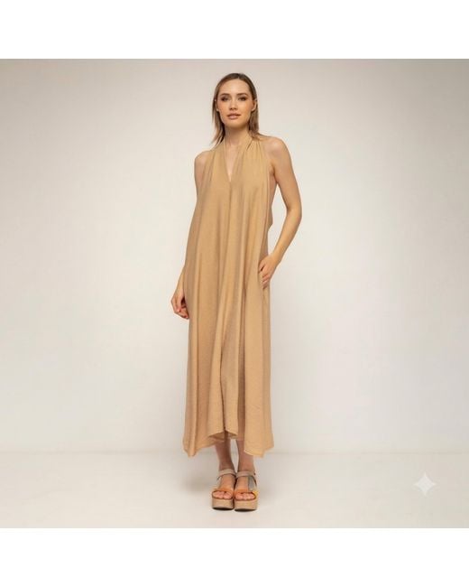 Tantra Spain Sl Natural Neutrals Loose-Fitting Midi Dress With A Halter Neckline Camel