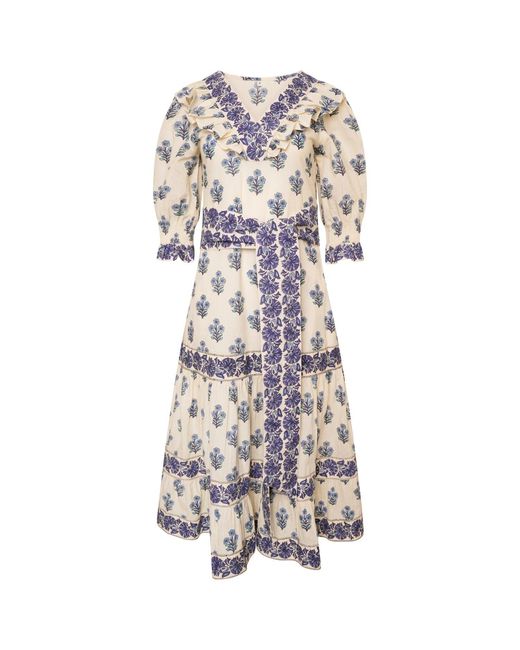 LAtelier London White Floral Block Print Cotton Midi Dress