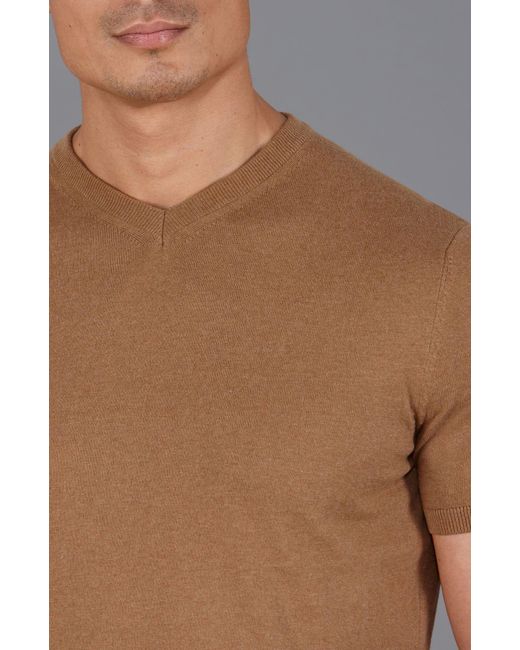 Paul James Knitwear Brown Ultra Fine Cotton Hudson High V Neck Knitted T-Shirt for men