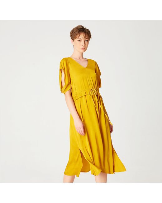 Smart and Joy Yellow V-Neckline Midi Dress With Drawstring Belt