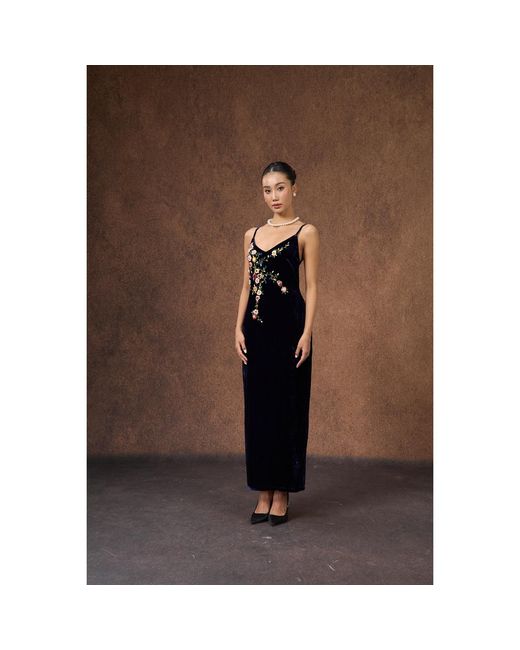 Silk and Bears Blue Hand-Embroidered Midnight Silk Velvet Evening Dress