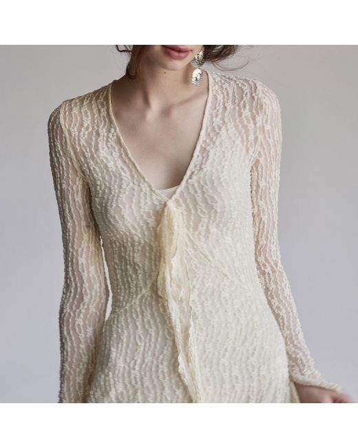 Belsize25 Natural Trumpet Dress Flared Sleeve Sheer Lace Knit Dress