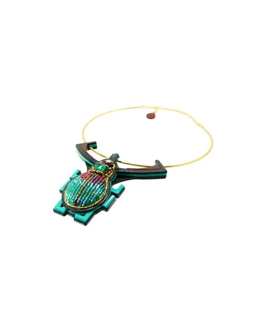 Gissa Bicalho Green Handmade Acrylic Necklace Scarab Embroidered