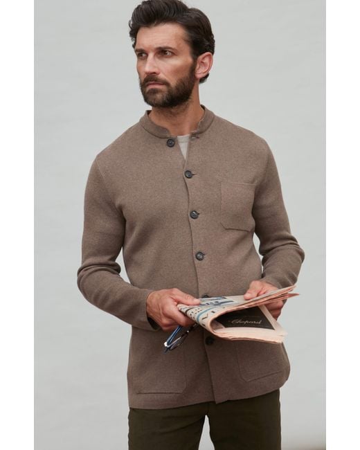 Paul James Knitwear Brown Midweight Cotton Jaipur Knitted Nehru Jacket for men