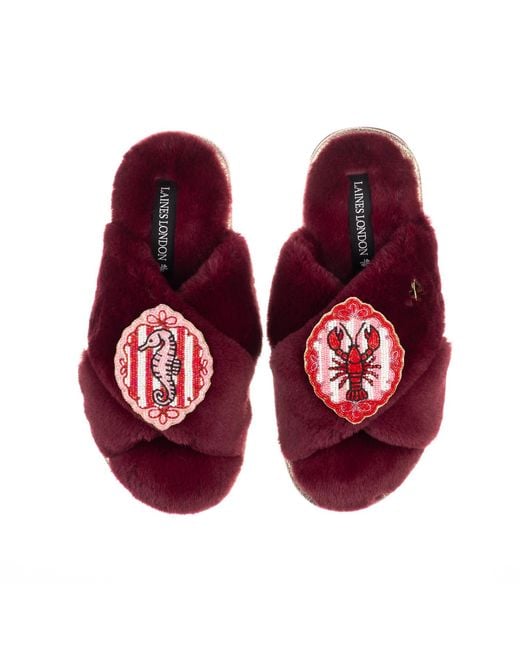 Laines London Red Classic Laines Slippers With Stripe Seahorse & Lobster Brooches
