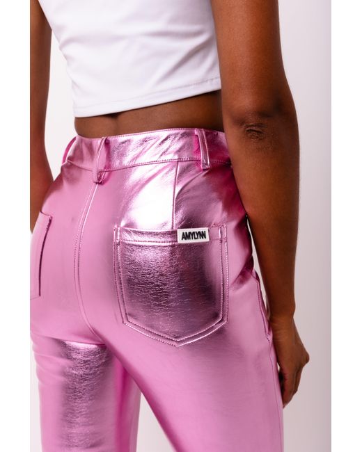 Amy Lynn Lupe Pink Slim Fit Leather Metallic Trousers