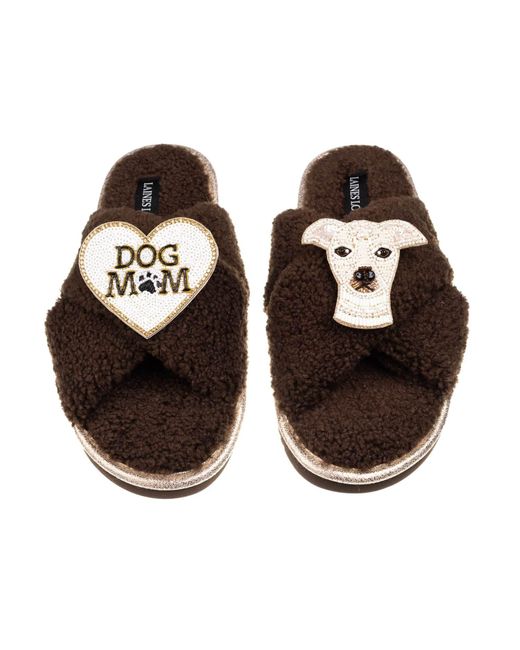 Laines London Brown Neutrals Laines Neutral Boucle Slippers With The Italian Greyhound & Dog Mum Mom Brooches