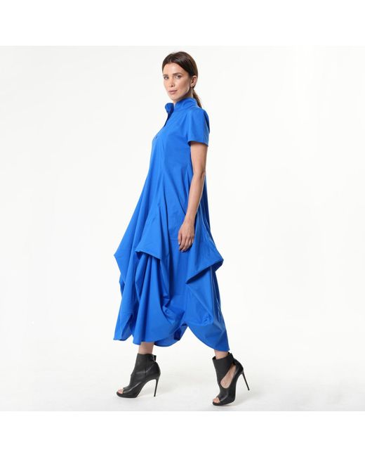 Metamorph Blue Asymmetric Collared Dress With Short Sleeves