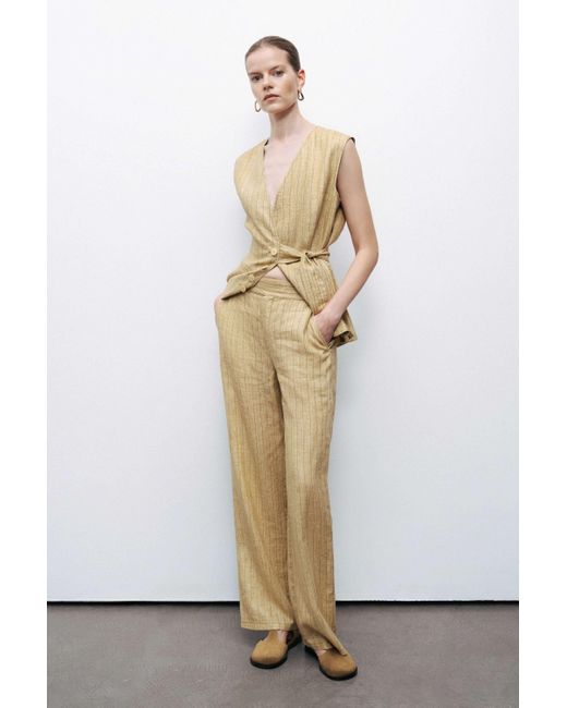 Nocturne Green Neutrals Linen Striped High-Waist Pants