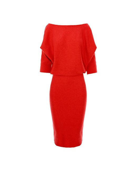 ROSERRY Red Off-Shoulder Ribbed Jersey Midi Dress