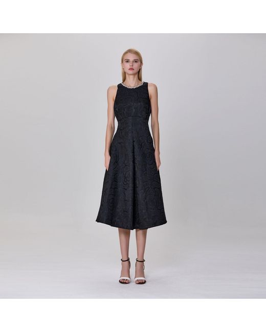 Smart and Joy Black Fit-And-Flare Collar Trim Textured Jacquard Dress