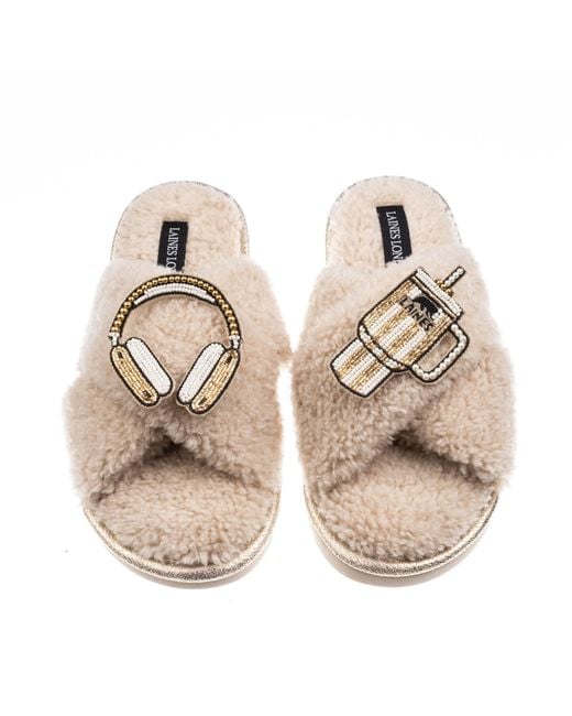 Laines London Natural Neutrals Laines Neutral Boucle Slippers With Headphones & Quencher Brooches