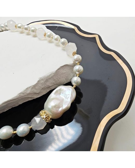 Farra Metallic Freshwater Pearl With Agate And Baroque Pearl Choker Necklace