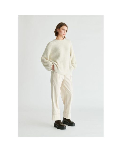 Paisie White Balloon Sleeves Jumper With Cable Details