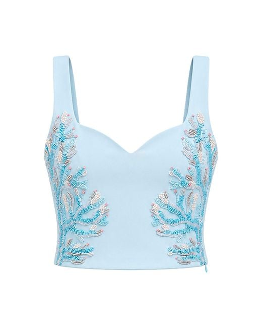 Laura Slings Blue Beaded Crop Top With Coral Embroidery And Embellished Details