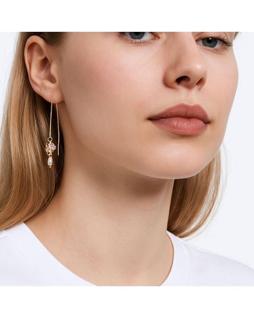 My Little Nature Metallic Plated Threader Earrings With Delicate Flower And Pearl Bridal