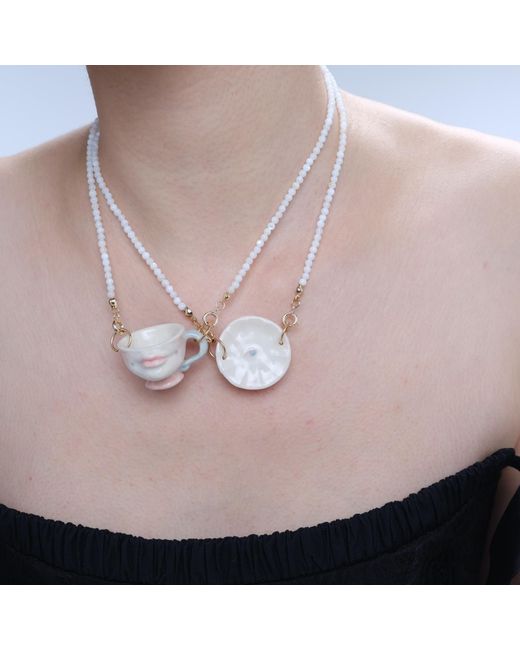 H2 Studio Pink The Cup Theater Mini Porcelain Plate Shell Beads Necklace