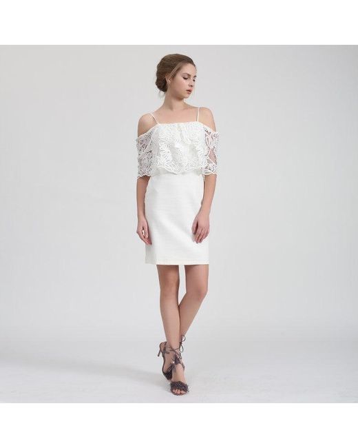 Smart and Joy White Bardot Lace Trim Off-Shoulder Mini Dress