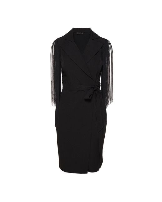 concept A trois Black Wrap Blazer Dress With Fringed Sleeves