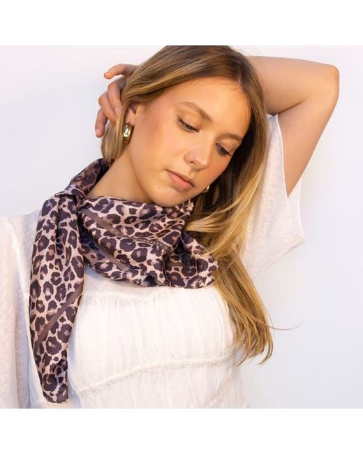 Lamberty Munich Purple Leopard Savannah Italian Mulberry Silk Scarf Taupe