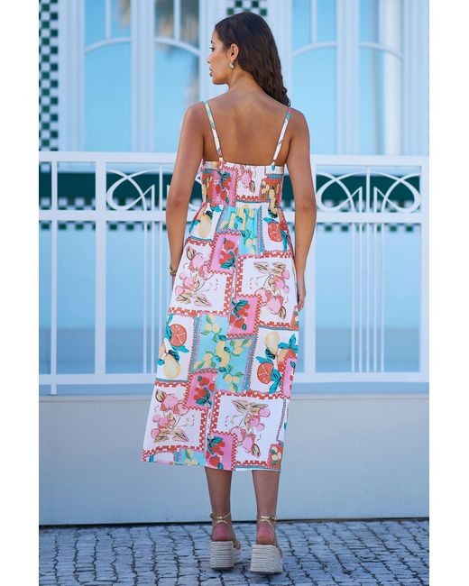 Yumi' White Multicolour Fruit Print Midi Sun Dress Ruched Back