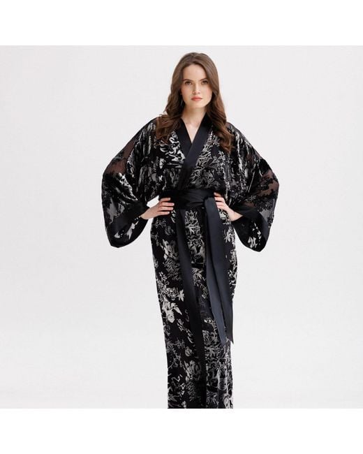 Vimissia Black Long Silk Velvet Kimono Style Robe