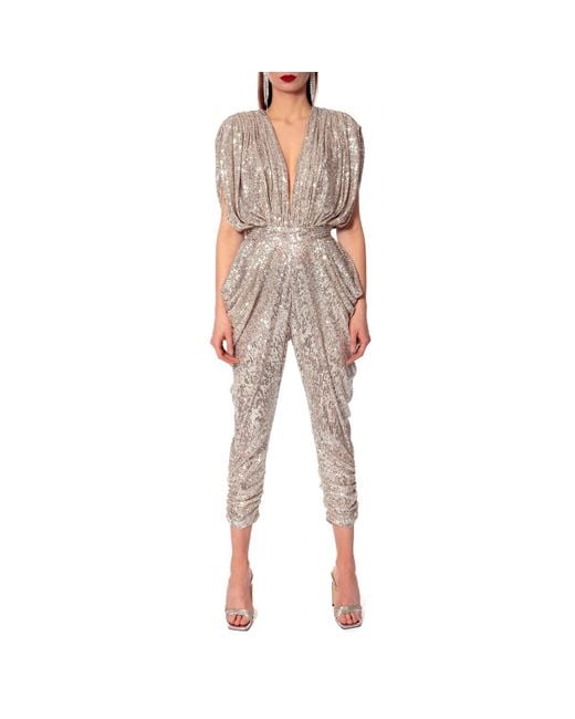 AGGI by HALEWSKI Gray Saddie Champagne Draped Sequinned Jumpsuit
