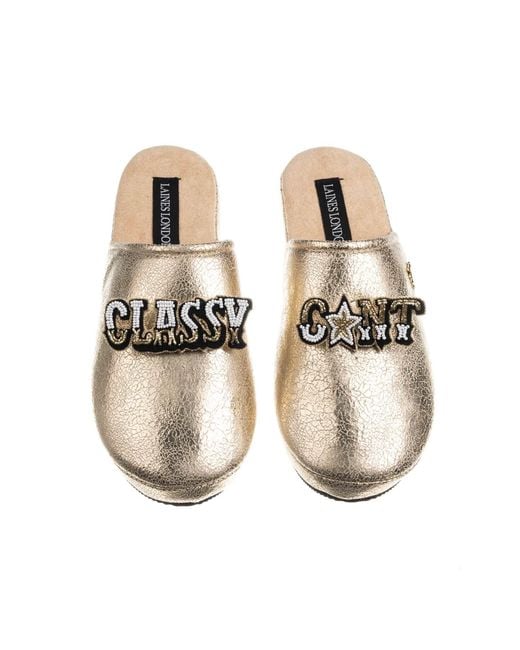 Laines London Metallic Softie Slippers With Classy Cunt Brooches