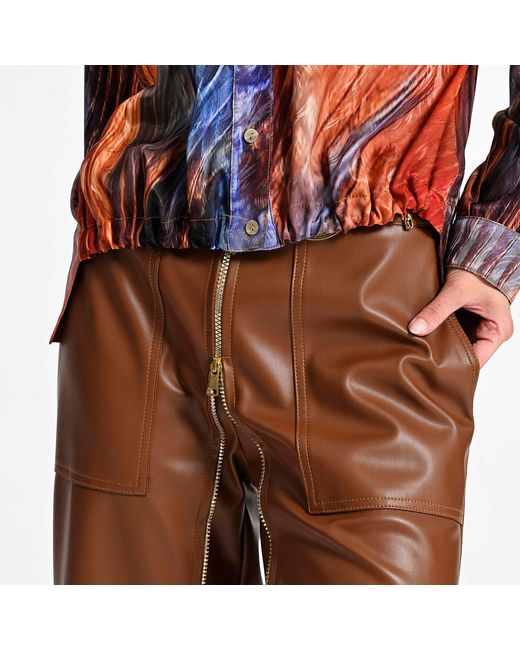Lalipop Design Brown Wide-Leg Vegan Leather Pants With Front Zipper Detail