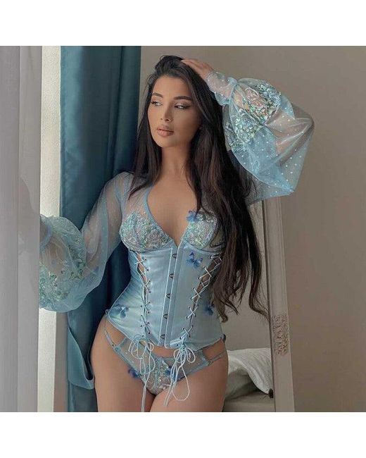 Empress Mimi Blue Madame X Lace Butterfly Corset With Butterfly Detail
