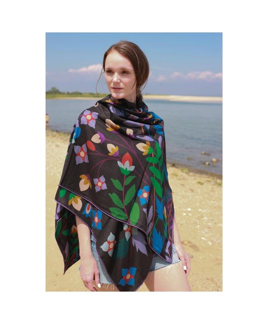 Jessie Zhao New York Black Double Sided Wool Silk Shawl Of Night Garden