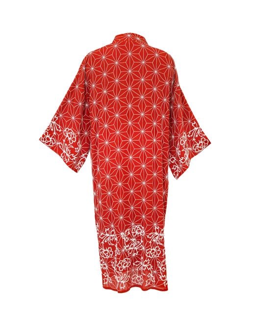 Artemis Muse Asanoha & Peony Embroidered Terracotta Fully Lined Long Kimono