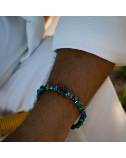 Ebru Jewelry Blue Malachite Stone Calmness Crown Charm Bracelet for men