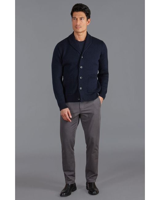 Paul James Knitwear Blue Chunky Merino Wool Marello Shawl Collar Cardigan for men
