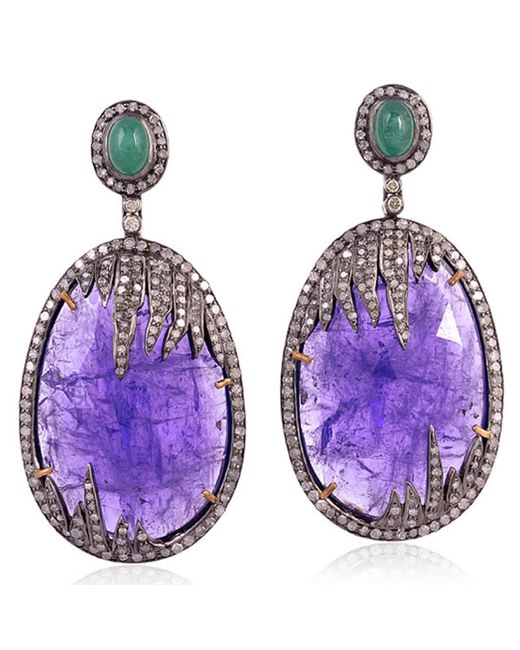 Artisan Purple Tanzanite Emerald Diamond 18k Gold 925 Sterling Silver Dangle Earrings Jewelry