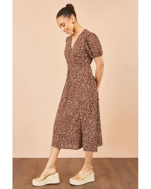 Yumi' Brown Spot Midi Dress With Split Hemline