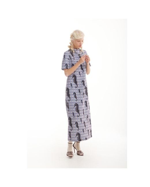 Julia Allert Gray Neutrals Pale Seahorse Grid Print Fluid A-Line Dress – Capsule Edition