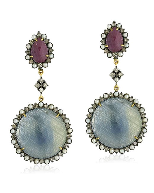 Artisan Blue 18k Gold Silver With Pearl & Multi Sapphire Pave Diamond Classic Earrings