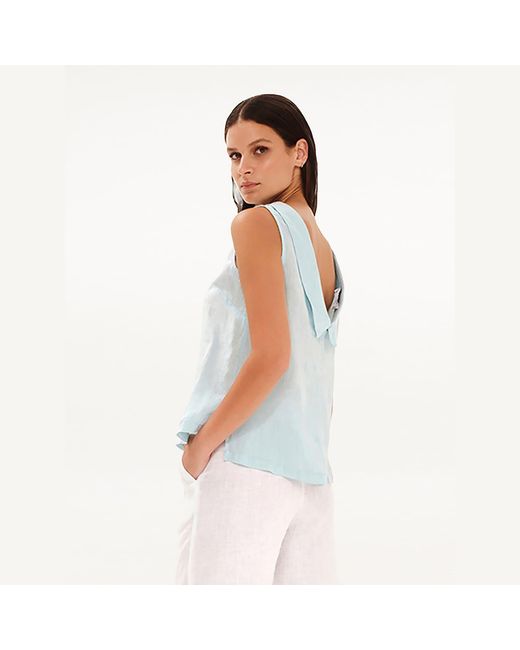 Haris Cotton Blue Boat Neckline Sleeveless Linen Top With Deep V Back Sapphire
