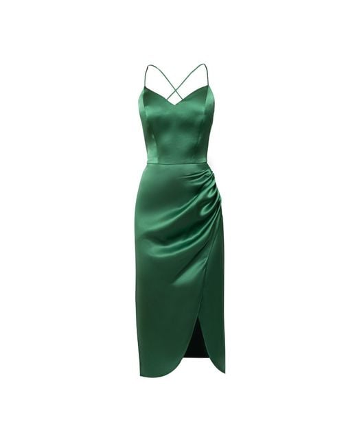 Nomi Fame Green Selena Satin Midi Dress With Straps And Draped Skirt
