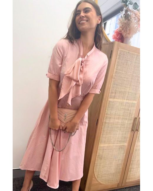 Deer You Stella Skipping Fit & Flare Dress With Bow Collar In Dusty Pink Pin Spot