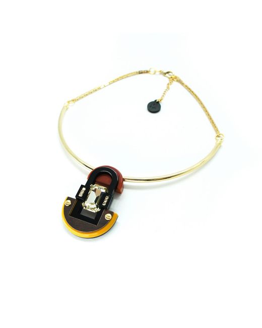 Gissa Bicalho White Handmade Acrylic Necklace Pendant Deco Mirror Rectangular Stone Mustard