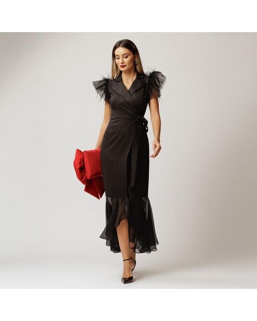 concept A trois Black Long Blazer Wrap Dress With Tulle And Soft Veil