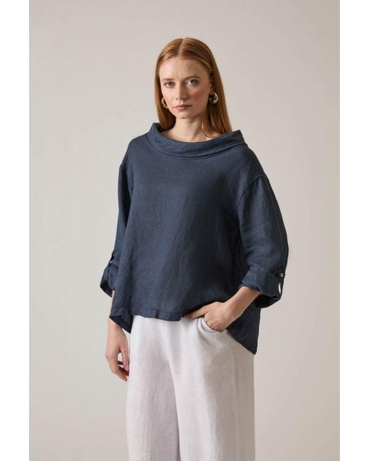 James Lakeland Blue Cowl Neck Linen Top