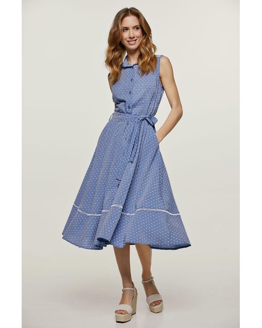 Conquista Blue Polka Dot Button Detail Dress