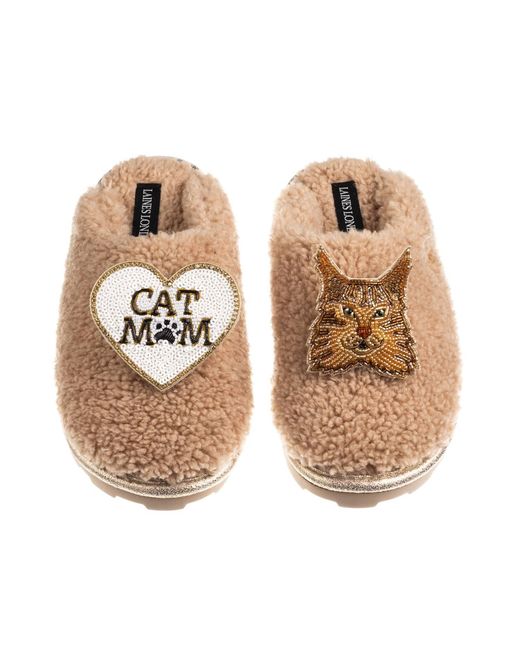 Laines London Metallic Neutrals Teddy Closed Toe Slippers With Cat Mum/Mom & Maine Coon Cat Brooches