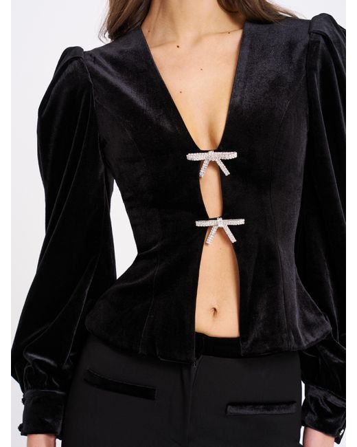 Miss Circle New York Black Krista Velvet Lantern Sleeve Top With Crystal Bow