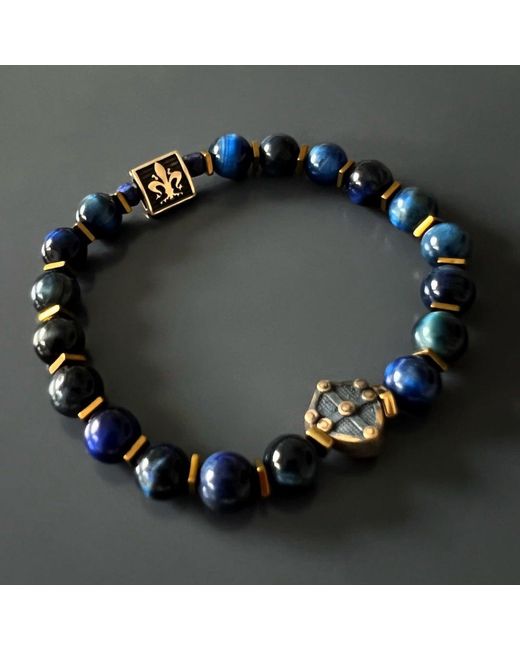 Ebru Jewelry Blue Tiger Eye Stone Shield Charm Beaded Bracelet for men