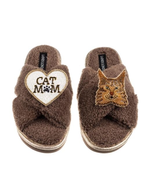 Laines London Brown Neutrals Boucle Slippers With Cat Mum/Mom & Maine Coon Cat Brooches